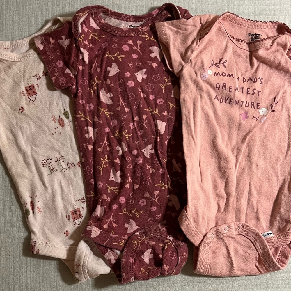 (3) 6-9m Gerber Pink and Maroon Baby Onesies
